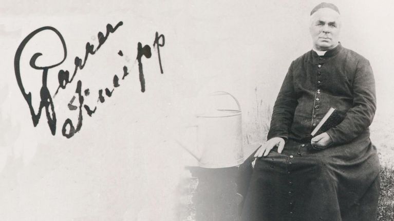 Portrét Sebastiana Kneippa s podpisem